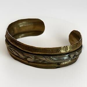 Vintage IXEL Gold Brass & Silver Tone Cuff Bracelet Brutalist Statement 2.5"